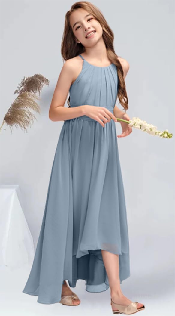 Junior Bridesmaid Dresses A-Line Halter High Low Dresses Chiffon for Wedding Party 8 Baby Blue