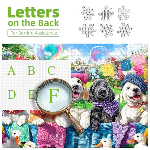 Image of Laundry Day Dogs 500 Piece Jigsaw Puzzle for Adults Colorful Garden Scene with Puppies Animal Puzzle with Letters on Back Fun & Relaxing Gift for Seniors, Family, Adults (23 inchx15 inch)