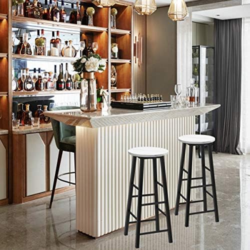 COSTWAY Set of 2 Bar Stools, Faux Marble Counter Height Chairs with Metal Legs, Footrest and Anti-slip Foot Pad, Round Rustic Kitchen Dining Breakfast Pub High Stools (White)