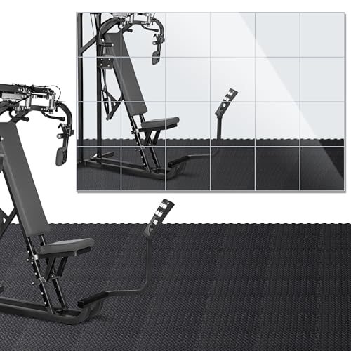 Leinuosen 100 Pcs Puzzle Exercise Mat with 24 Pcs Home Gym Mirror, EVA Interlocking Foam Floor Tiles Pad Square Large Wall Mirrors Decorative with Glue for Workout Bedroom Door Bathroom Wardrobe
