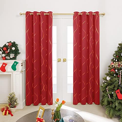 Deconovo Red Blackout Curtains 84 inches Long - Gold Wave Foil Print Grommet Drapes, Room Darkening Curtain, Window Panels for Christmas (52W x 84L Inch, Set of 2, Red)