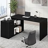 HSH Black Computer Desk with 3 Drawers and 2 Shelves, Reversible Home Office Corner Desk for Writing Study Work Executive, 152 Bedroom Wood Table Workstation Desk with Storage Cabinet