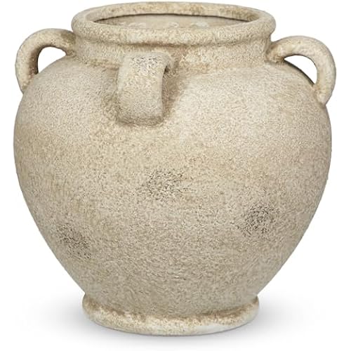 Rustic Ceramic Vase with Handles – Antique-Style Beige Farmhouse Pottery Decorative Urn for Table Centerpiece, Mantel, Shelf, or Entryway Home Décor