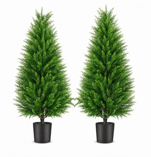 WhtSky Artificial Topiary Cedar Trees, 3FT Tall, Set of 2 | UV Resistant, Faux Evergreen Plants, Indoor Outdoor Decoration, With Pots, For Home Front Door Offices Entryway
