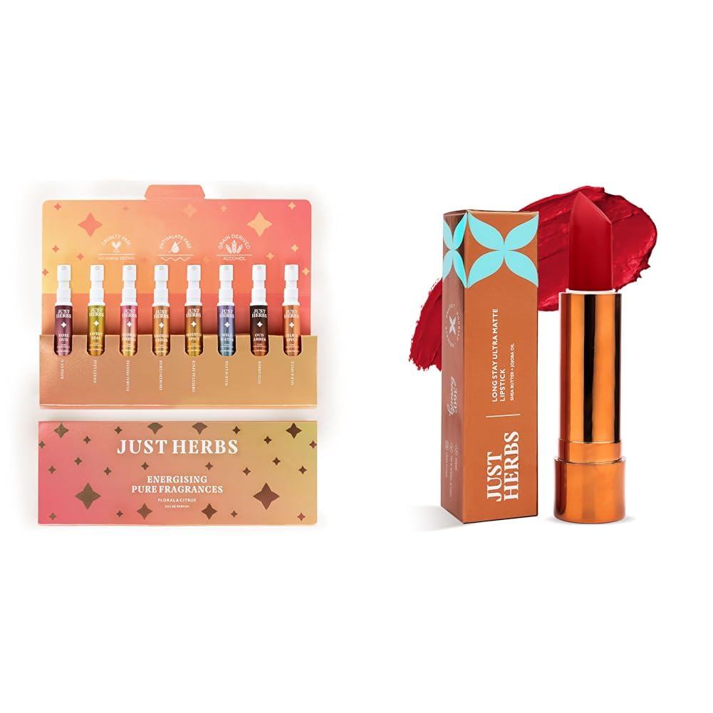 Just Herbs EDP Perfumes Trial Set of 8 x 3ml Long Lasting Pocket Perfume Fragrances & Just Herbs Ultra Matte Bullet Lipstick for Women 4 g (Cheeky Cherry) Combo