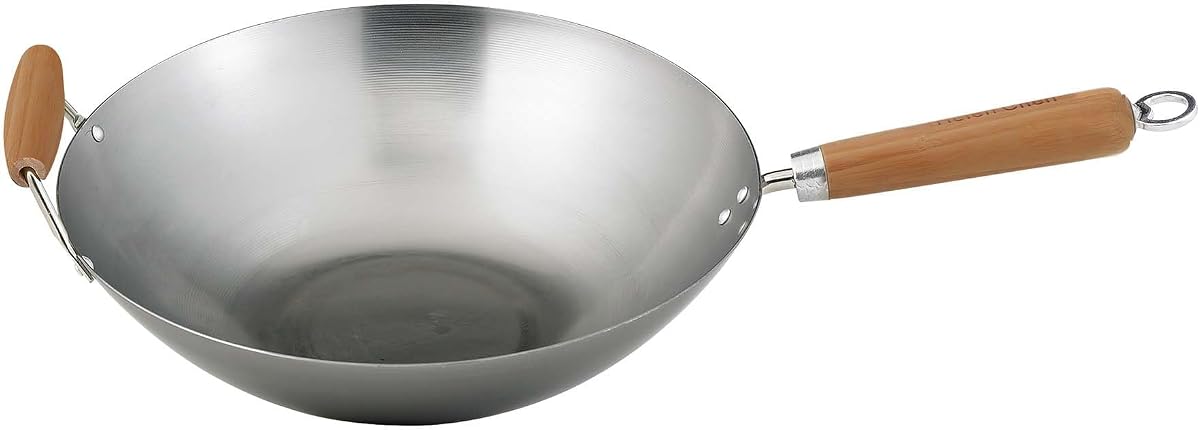 Helen's Asian Kitchen Wok de acero al carbono, sartén para saltear de fondo plano, 14 pulgadas