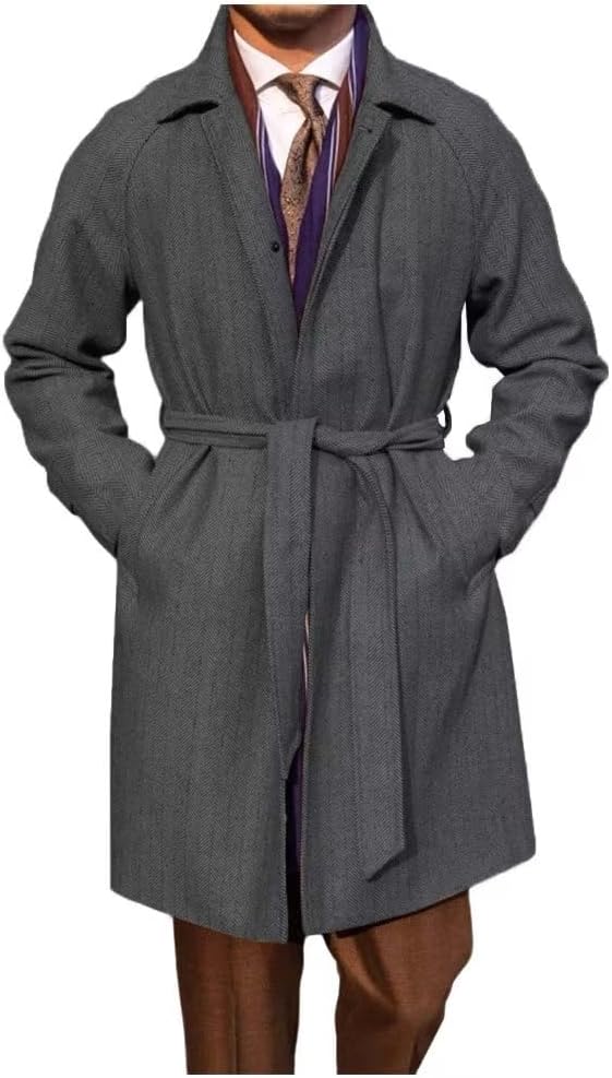 HZUOU Men's Woolen Trench Coat Regular Fit Herringbone Tweed Belted Peacoat for Work Single Breasted Mid Long Jacket UOU37