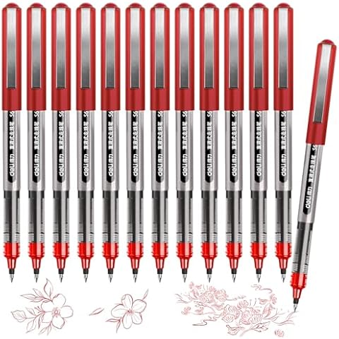 Rollerball Pens, 12 PCS Red Pens, 0.5mm Extra Fine Point Pen Cover