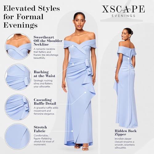 Image of Xscape Women's Long Off-the-Shoulder Sweetheart Neckline Formal Evening Gown with Ruching and Draped Ruffle Detail