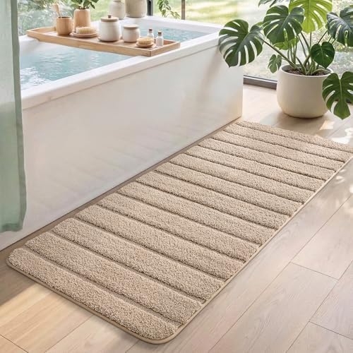 DEXI Badematte 60 x 150 cm, Weicher Badezimmerteppich, Saugfähig, Khaki | Rutschfest, maschinenwaschbar, komfortabel, für Badezimmer, Dusche und Badewanne