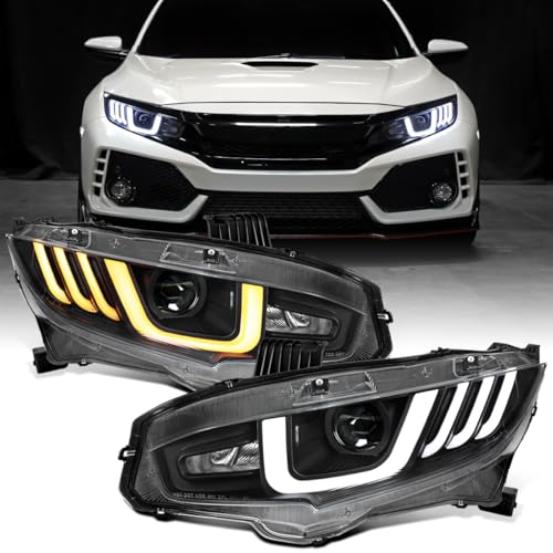 Ronnin - Fits 2016-2021 Honda Civic Halogen Projector High/Low Beam Headlights LED Switchback Sequential Signal + Animated Startup Effect Parking Assembly Pair | Black