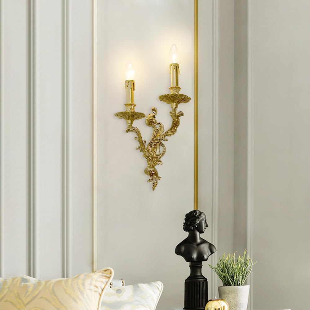 Aplique de pared con vela de latón de 2 luces for sala de estar, dormitorio y pasillo