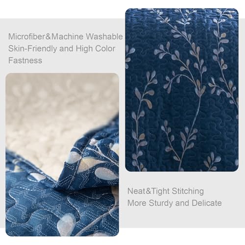 Exclusivo Mezcla Reversible Boho Quilt Set King Size, 3 Pieces Flowers Navy All Season Bedspreads, Ultra Soft Floral Coverlet Bedding Set with Printed Pattern (1 Quilt, 2 Pillow Shams)