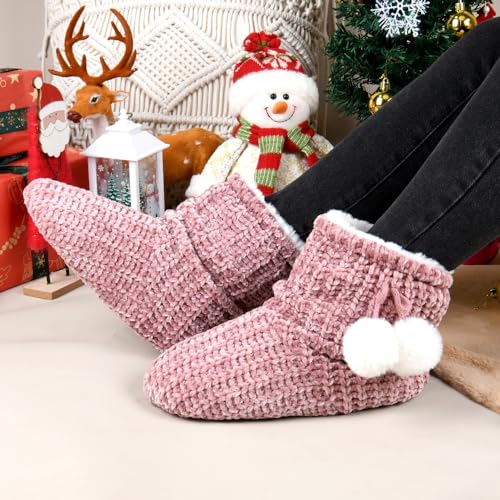 LORDFON Chenille Knit Womens Bootie Slippers with Cute Pom Pom,Comfy Winter Warm Plush Lining House Shoes,Indoor Boot Slippers for Women2