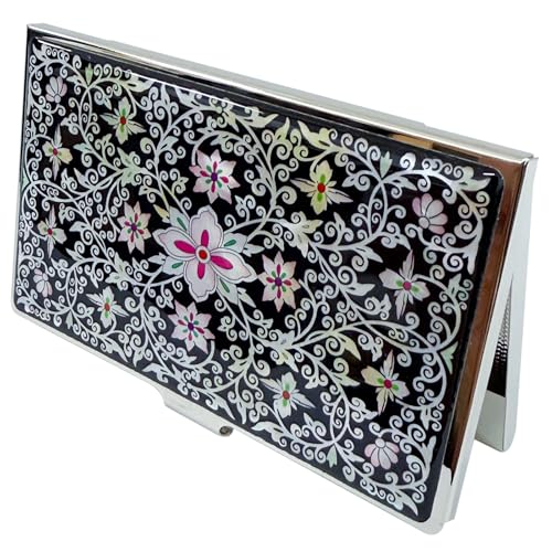 Image of Mother of Pearl Business Card Case Credit Id Name Holder Travel Wallet Art Painting Design Metal Stainless Steel Engraved Slim Purse Pocket Cash Money Wallet (New Arabesque)