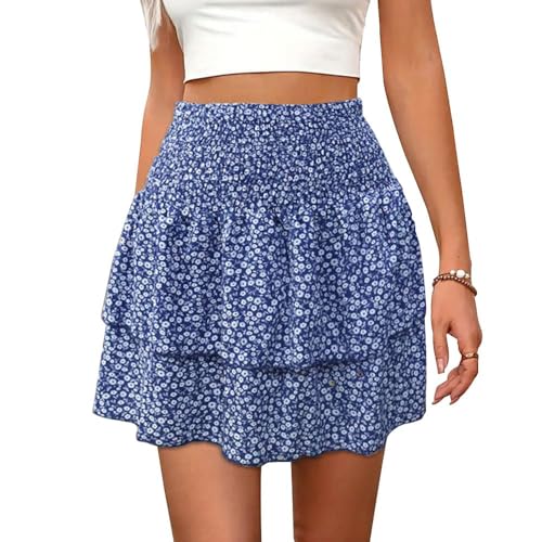 QKEPCY Faldas Mujer Verano Cortas con Volantes Florales De Verano De Cintura Alta Lindas Minifalda Básica Multifuncional Casual Chic de Noche Playa Vacaciones Falda（XL）