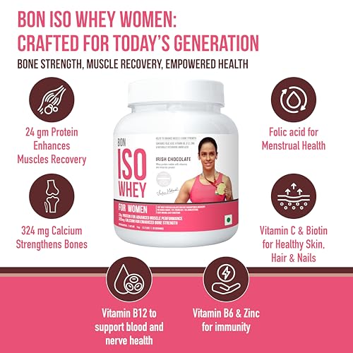 Image of 100% Protein Isolate Designed For Today's Women, 1kg | Muscle Recovery, Bone Strength, Menstrual Health & Holistic Well-being | 24g Protein, 329 mg Calcium, 81 mcg Folic Acid, Biotin, Vit C, B6, B12, 5.5g BCAA, Zinc and Minerals | Irish Chocolate (Pack of 1)