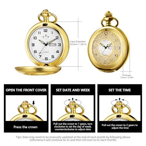 Image of BOSHIYA Smooth Quartz Pocket Watches for Men Classic Arabic Digital Luminous Dial & Day Date Pocket Watch with Chain Christmas Graduation Birthday Gifts