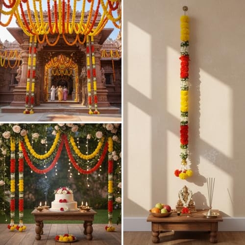 Image of iHandikart Pack of 2 Artificial Multicolor Marigold Garlands with Jasmine & Daisy Leaves (64 Inch) - Premium Floral Strings for Pooja, Temple, Wedding Backdrop, Diwali, Haldi & Mehandi Home Decor