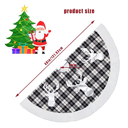 Buffalo Plaid Christmas Tree Skirt 48 in, Black and White Buffalo Check Christmas Tree Skirt with Faux Fur Edge for Holiday Christmas Decorations