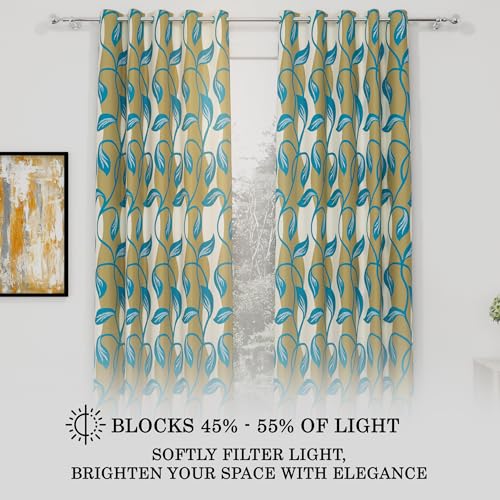 Image of Door Curtains 7 feet Long Set of 2 | Floral Design | Polyester, Light Filtering Curtains and Drapes | Curtains for Living Room | (118 x 215 cm, Turqouise) | Perfect for Home Decor