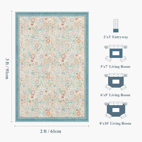 Tapete floral 2x3 azul lavable anti-deslizante miniatura 2