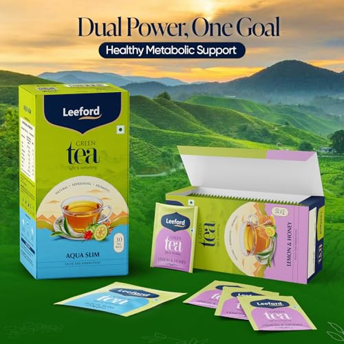 Image of Leeford Aqua Slim + Honey Lemon Green Tea - Pack of 2 (30 Compostable Tea Bags) | With Garcinia, Hibiscus & Moringa for Digestion & Detox | Supports Weight Management & Metabolism