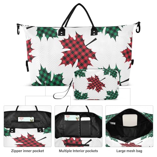 OTVEE Buffalo Plaid Maple Leaves Travel Gym Duffel Bag Quilted Weekender Bags Carry on Overnight Tote Bag for Women Men2