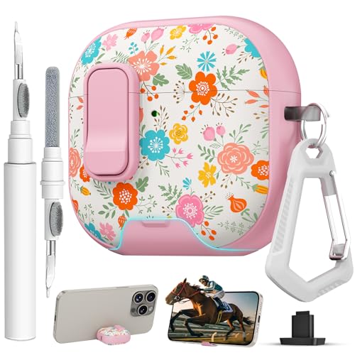 Image of for AirPods 4 Case with Safty Lock & Phone Stand,Cute Floral Pattern Style | PC & TPU Dual Layer Protective Cover with Keychain & Cleaner Pen for Apple AirPod 4th Generation 2024 Women (Chinese Rose)