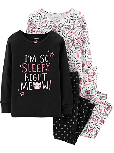 Carter's Girls' 4-Piece Snug Fit Cotton Pajamas (Black/Sleepy Kitty, 4)