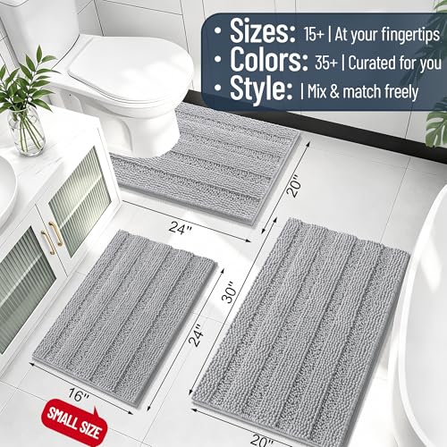 Image of Smiry Thick Chenille Bathroom Runner Rugs 59x24, Absorbent Striped Bath Mat, Machine Washable, Rubber Backing, Extra Long Bath Rugs for Tub & Shower, Modern Home Decor Accessories, Light Grey