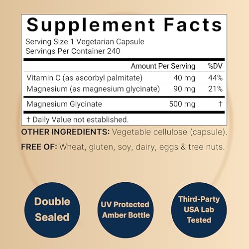 pure magnesium glycinate 500mg with fat soluble vitamin c 240 veggie capsules  supplement for sleep heart amp muscle support  100 chelated amp purified  3rd party tested vegan friendly non-gmo