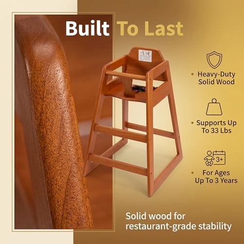Image of Walnut Wooden Restaurant High Chair - Stackable Rubberwood Dining Chair with Safety Bar, Easy-Clean Finish, Commercial Restaurant Seating