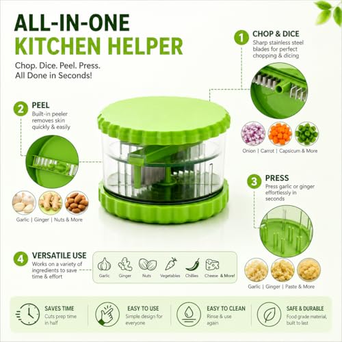 Image of Multi Functional Garlic Press, Peeler, Chopper & Dicer | Kitchen Tool for Garlic, Ginger, Nuts & Vegetables | Easy Food Preparation & Cooking Accessory