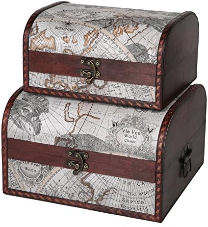 SLPR First Class Style Decorative Storage Boxes with Lids (Set of 2, Old Map): Travel Inspired Vintage Wooden Chests, Antique-style Treasure Trunks with Retro Hardware, Old World Memory Box