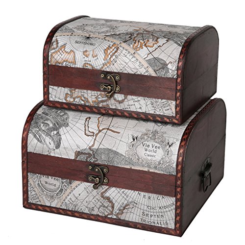 SLPR First Class Style Decorative Storage Boxes with Lids (Set of 2, Old Map): Travel Inspired Vintage Wooden Chests, Antique-style Treasure Trunks with Retro Hardware, Old World Memory Box
