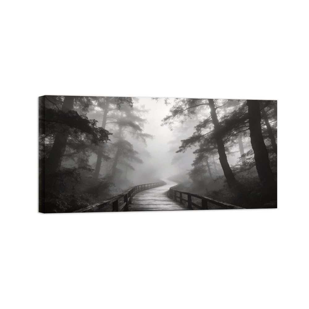OZPWBVY Black and White Landscape Print Painting-Tree Path-Minimalist Canvas Wall Art Picture for Home Ready to Hang 29x59in 75x150cm Wrapped Canvas