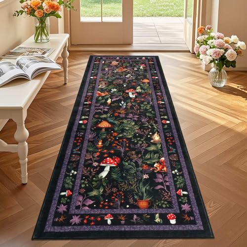 Runner Rugs for Hallway 60×180cm, Black Washable Kitchen Carpet Runner Non-Slip, Fairytale Mushroom Hall Carpet Floor Mat for Entryway Kids Bedroom Laundry Living Room Non Shedding