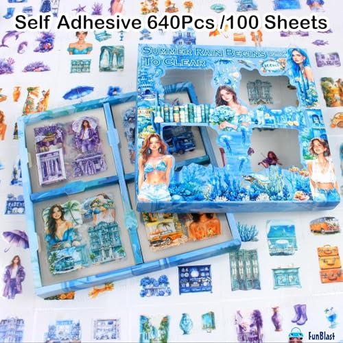 Image of FunBlast Self Adhesive 640Pcs /100 Sheets, Aesthetic Butterfly Stickers, Retro Decorative Sticker's for Scrapbook, Japanese Style Sticker's for Project, Journals, Scrapbooking (Summer)