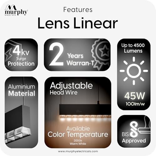 Image of Murphy 4ft LED Hanging Profile Light - Warm White (Lens Diffuser) | 45W Aluminium LED Pendant Light | Adjustable Hanging Wire | Modern Linear Ceiling Light | 2-Year Warranty | Pack of 1