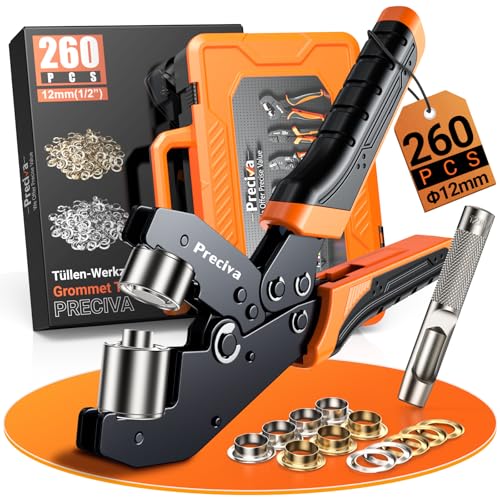 Preciva Ösenzange set (Ø 12mm) – Ösenpresse bestehend aus 260 Ösen (gold, silber) und Stanzwerkzeug – ideal für Planen, Banner, Vorhänge und ähnliche Anwendungen