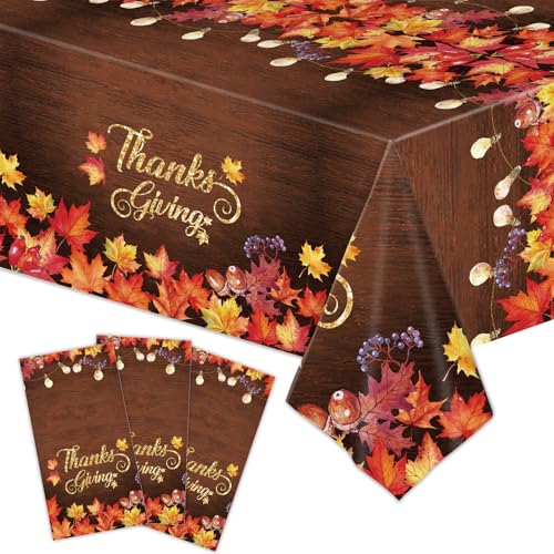 Image of Gistome 3 Pack 54 x 108 Inch Fall Maple Leaves Plastic Tablecloth - Rustic Thanksgiving Disposable Table Cover with Autumn Leaves and String Lights for Fall Harvest, Friendsgiving, and Seasonal Decor