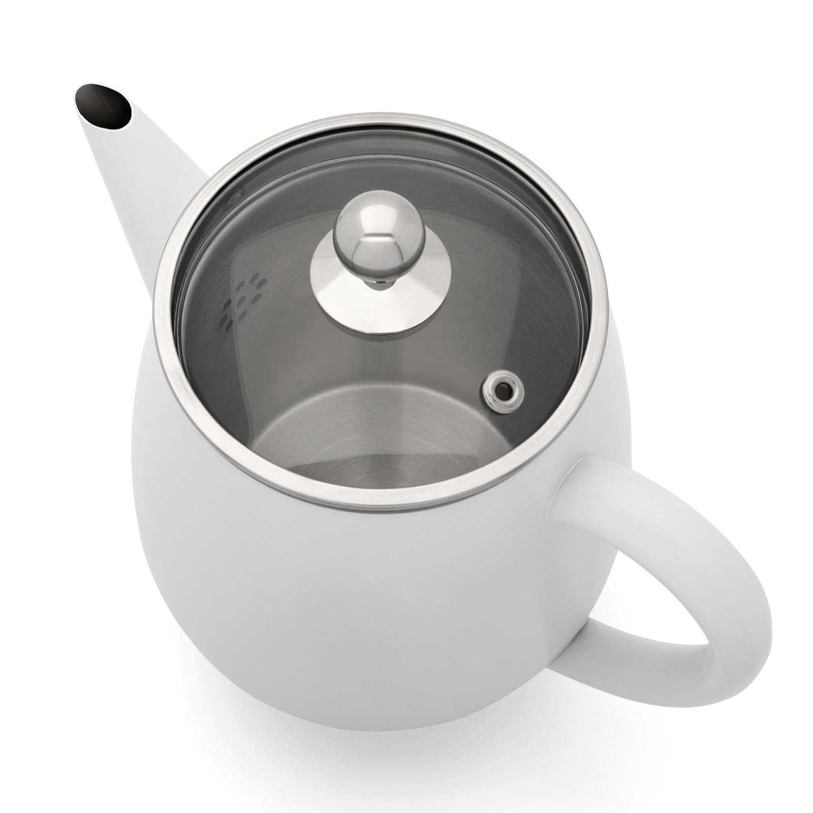 Bredemeijer doppelwandige Teekanne 1.1 Liter - weiße Edelstahl Kanne mit Glasdeckel - Tee-Filter Sieb-Einsatz & schwarzen Holzuntersetzer - ideal für losen Tee