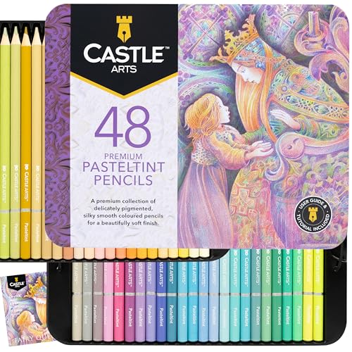 Castle Art Supplies 48 Pasteltint Coloured Pencils Set | Quality Colours in Softer, Sumptuous Tones | for Professional and Adult Artists | Protected and Organised in Presentation Tin Box