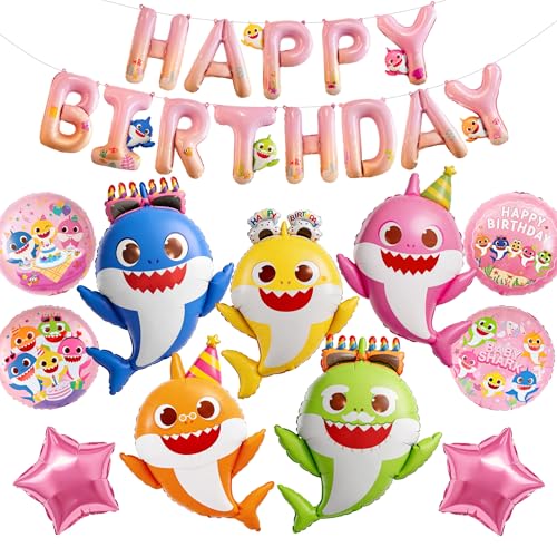 Image of PartyWoo Baby Shark Family Foil Balloons 13pcs Baby Shark Family Pink Round Star Mylar Happy Birthday Banner Letter Balloons for Boys and Girls Under the Sea Kids Birthday Party Decorations