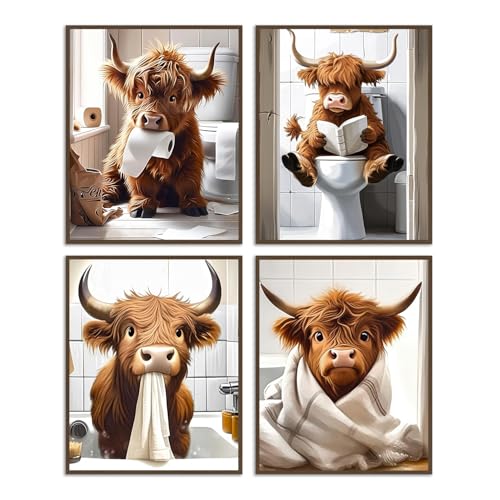 Dazzlewall 4Pcs Funny Highland Cow Wall Art Pictures, Rustic Cow Canvas Prints for Bathroom Toilet Decor 8x10 in Unframed - Cosy Home Interiors Dazzlewall 4Pcs Funny Highland Cow Wall Art Pictures, Rustic Cow Canvas Prints for Bathroom Toilet Decor 8x10 in Unframed