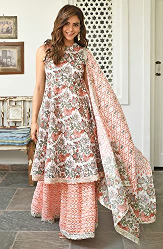 Janasya Indian Women's Cotton White Floral Print Festive Wear Kurta Set for Women2