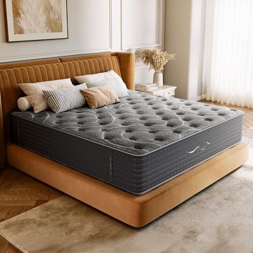 Image of TXO 12 Inch Cashmere Hybrid King Mattress in a Box, Dual-Sided Medium Firm & Firm, Cooling Gel Memory Foam Mattress, Pocket Springs for Motion Isolation, Pressure Relief, CertiPUR-US Certified