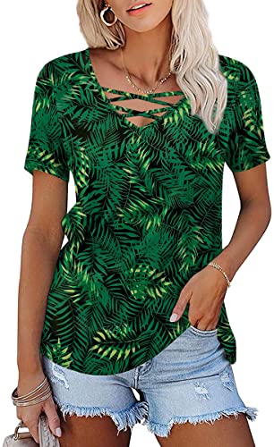 syoss Women's Casual Summer V-Neck Short Sleeve Tunic Top Criss Cross Comfort Blouse Shirts XL, Leaf Green