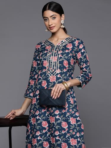 Image of Varanga Women Blue Floral Printed Kurta with V-Neck, Three Quarter Sleeves